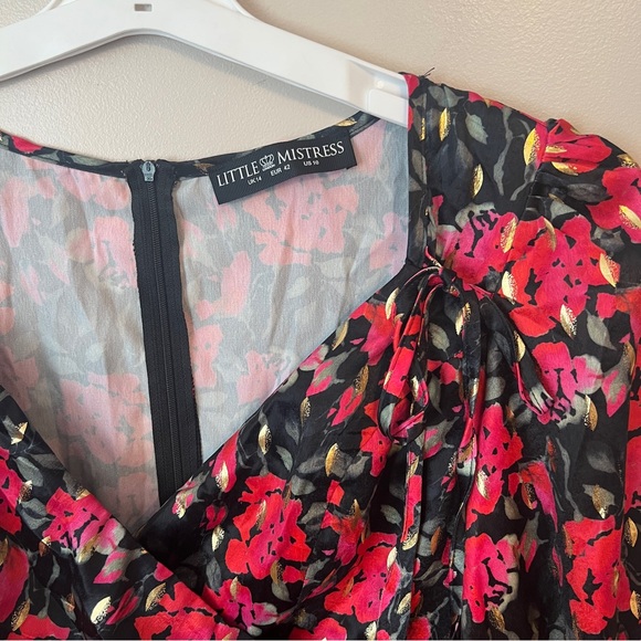 Little Mistress Lucia Midi Floral-Print Gold Foil Satin Dress Size 10 - Picture 8 of 8